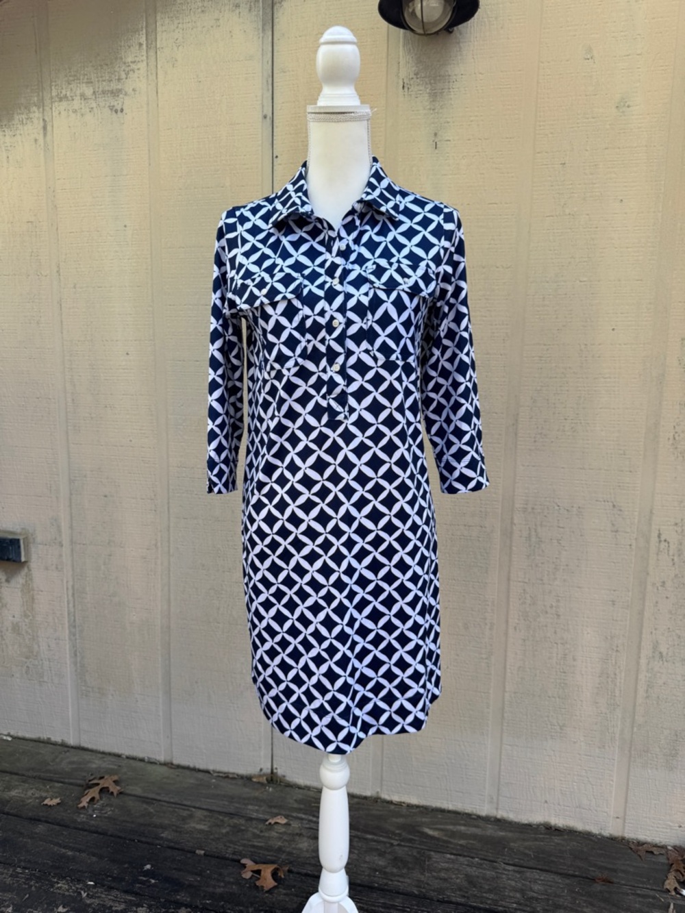Vineyard Vines Navy and White Geometric Midi Shirt Dress
